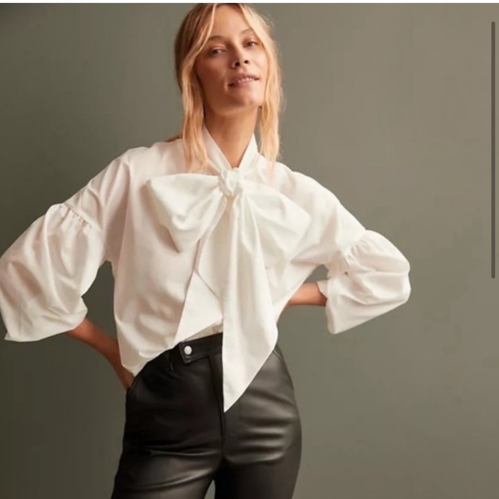 MARE MARE x Anthropologie NWT Tie Neck Drop Shoulder Blouse Bow Top S White